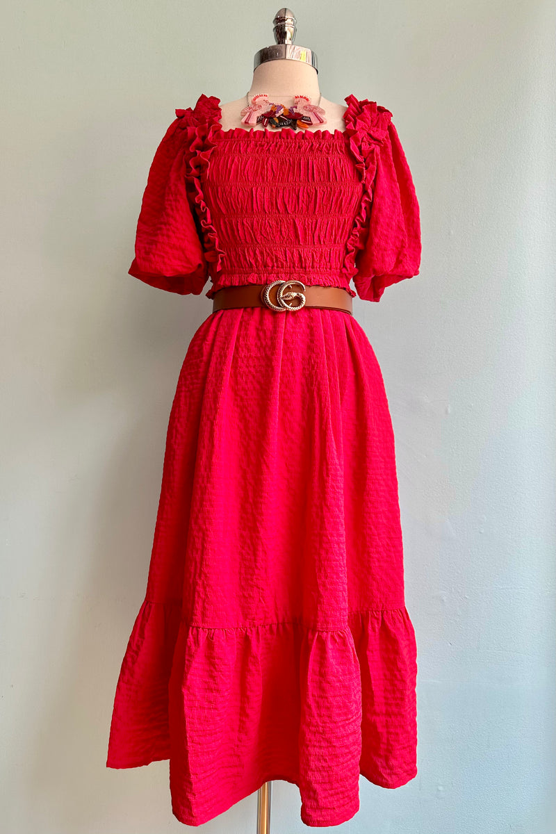Red Bubble Sleeve Midi Dress