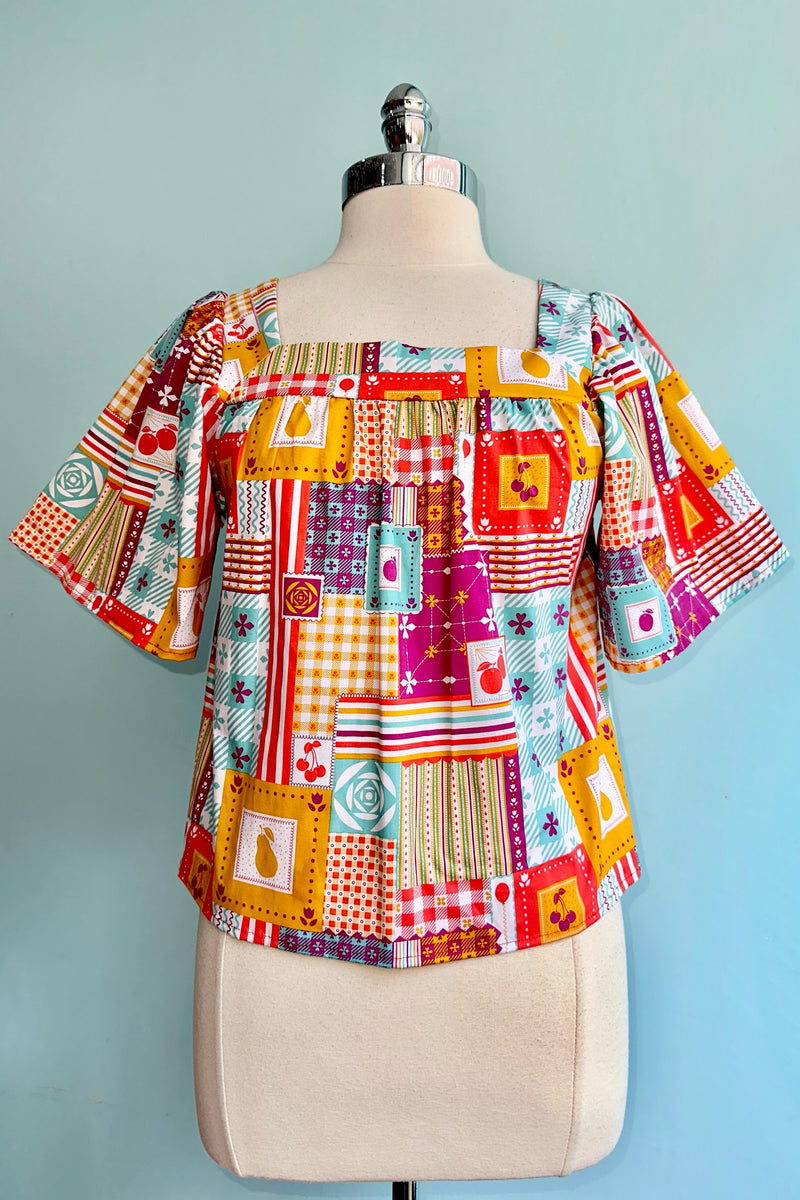 Magenta & Turquoise Patchwork Square Neck Peasant Top by Blue Platypus