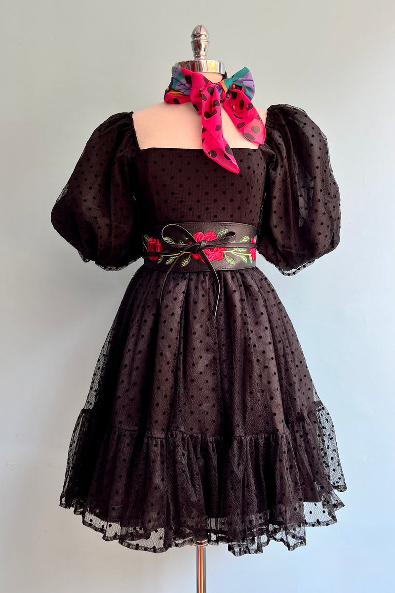 Black Puff Sleeve Swiss Dot Dress by Katakomb