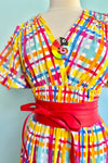 Multicolor Plaid Balloon Sleeve Midi Dress
