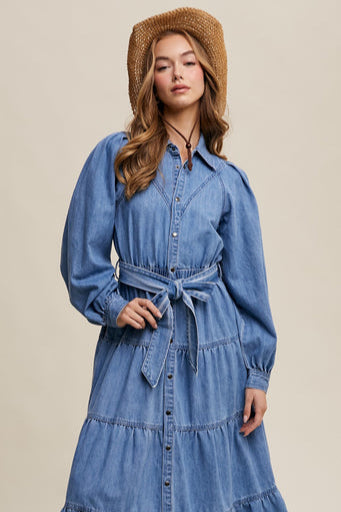 Denim Tiered Button Down Maxi Dress
