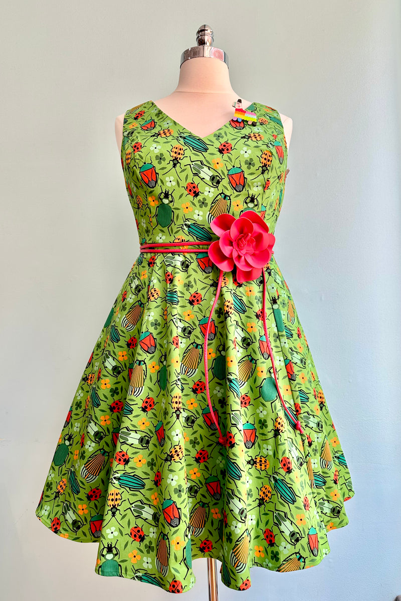 Green Bug V-Neck Dress by Eva Rose