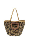 Black Floral Calypso Jute Wood Handle Tote Bag
