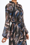 Ruffled Collar Black and Blue Lucie Midi Dress by Molly Bracken