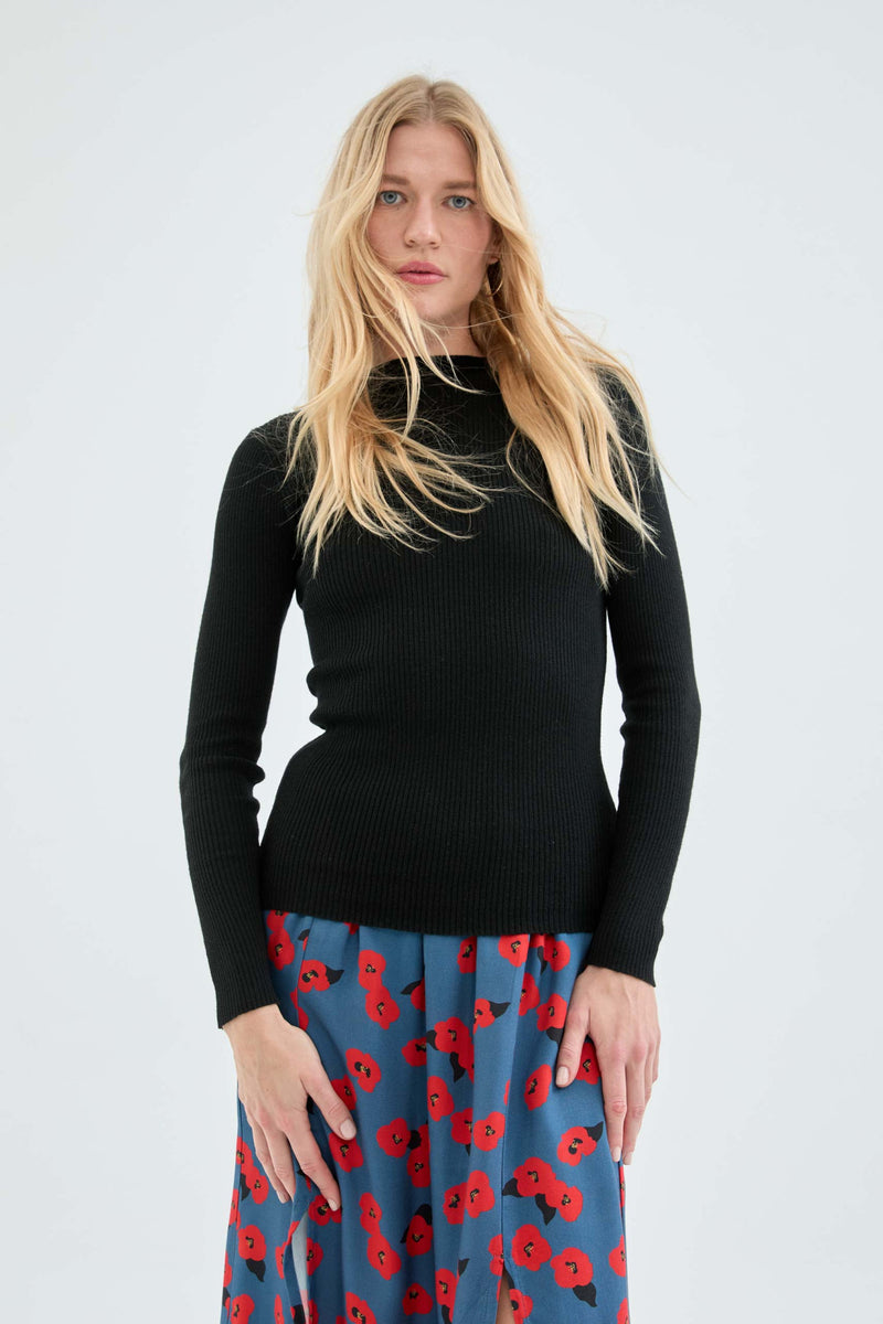 Black Ribbed Knit High Collar Sweater by Compania Fantastica