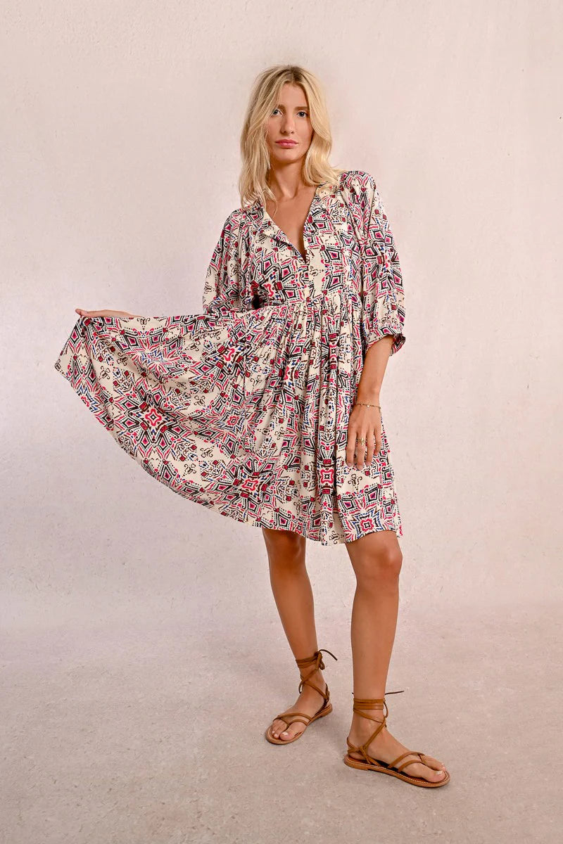 Final Sale Cream Printed Boho Mini Dress by Molly Bracken Modern Millie Final Sale Cream Printed Boho Mini Dress by Molly Bracken Modern Millie