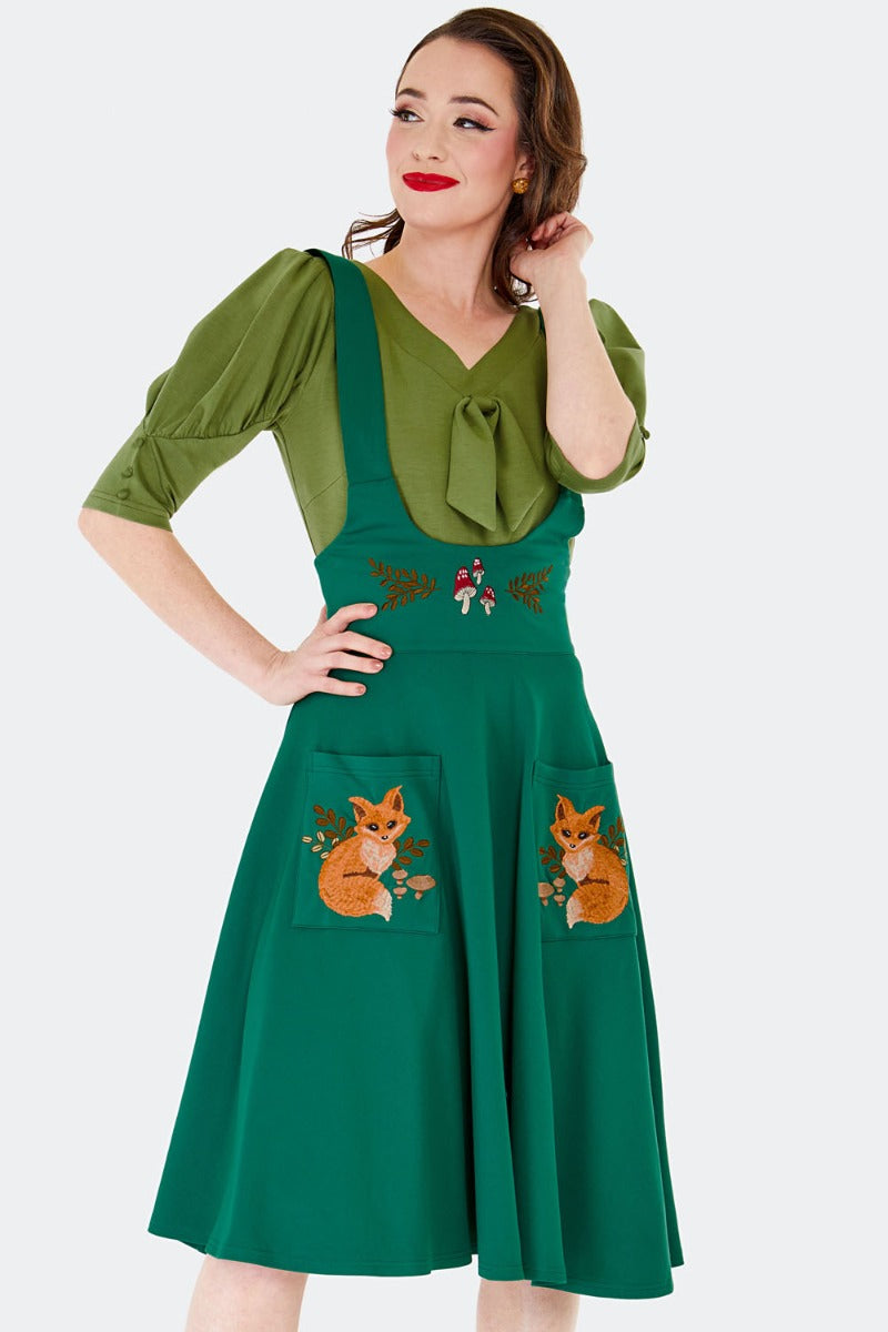 Forest Fox Pocket High Waisted Pinafore Skirt by Voodoo Vixen