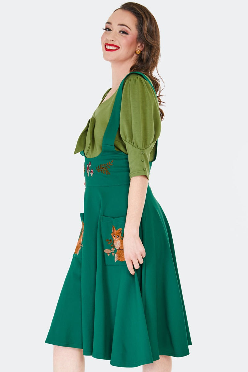 Forest Fox Pocket High Waisted Pinafore Skirt by Voodoo Vixen X-Large Forest Fox Pocket High Waisted Pinafore Skirt by Voodoo Vixen X-Large