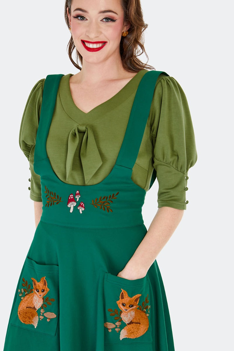 Forest Fox Pocket High Waisted Pinafore Skirt by Voodoo Vixen X-Large Forest Fox Pocket High Waisted Pinafore Skirt by Voodoo Vixen X-Large