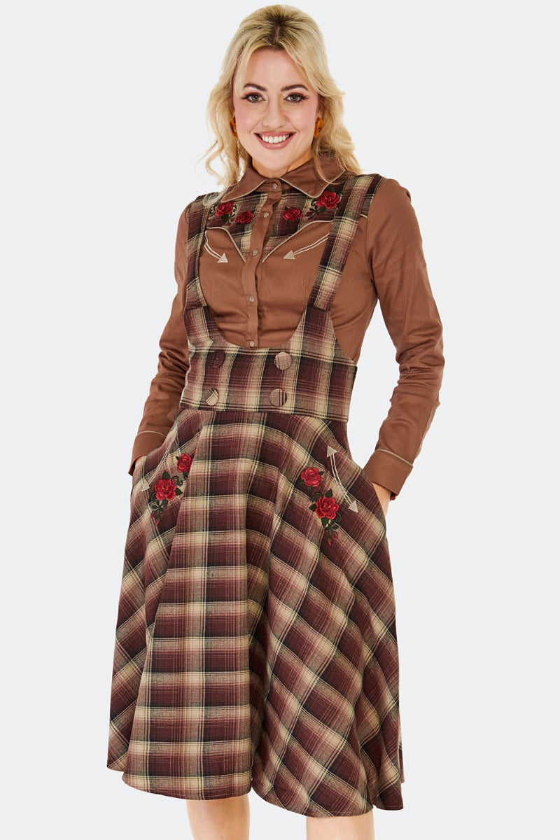 Western Brown Plaid Suspender Skirt by Voodoo Vixen