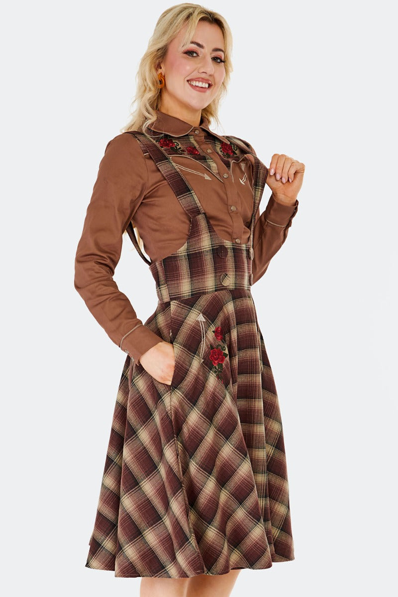 Western Brown Plaid Suspender Skirt by Voodoo Vixen
