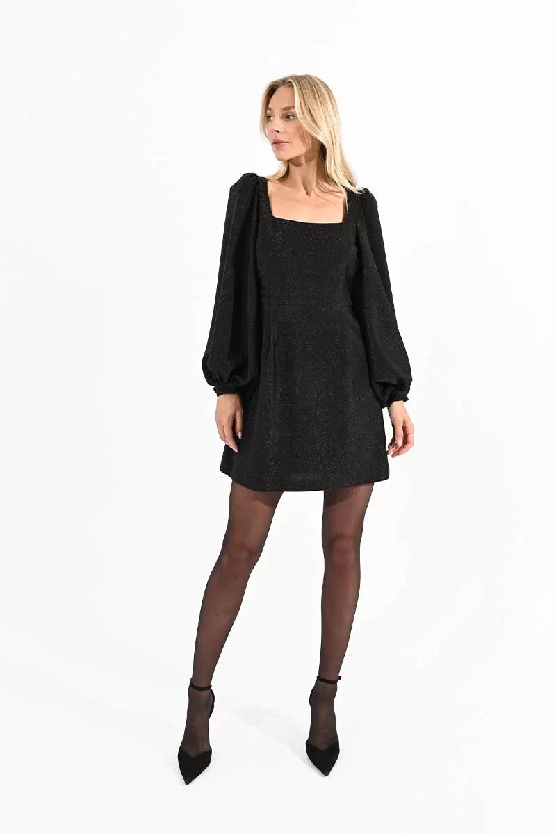 Black Metallic Balloon Sleeve Mini Dress by Molly Bracken