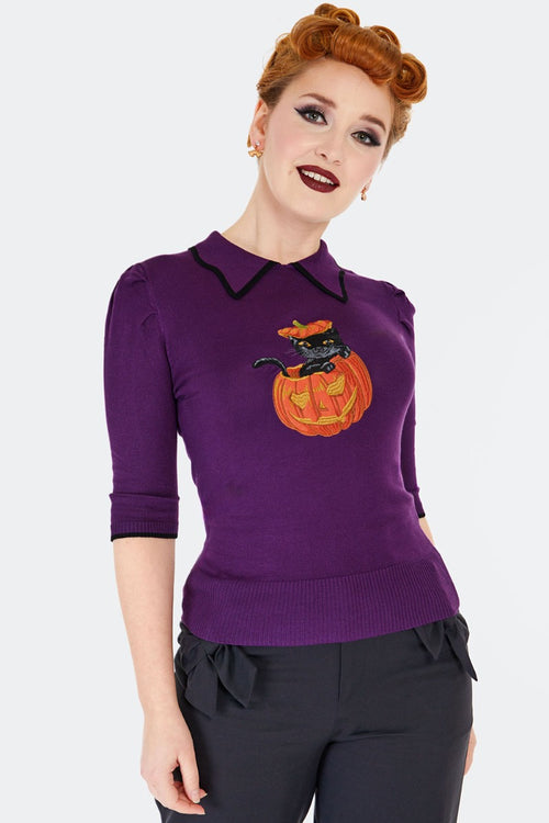 Cat and Pumpkin Collared Sweater in Purple by Voodoo Vixen