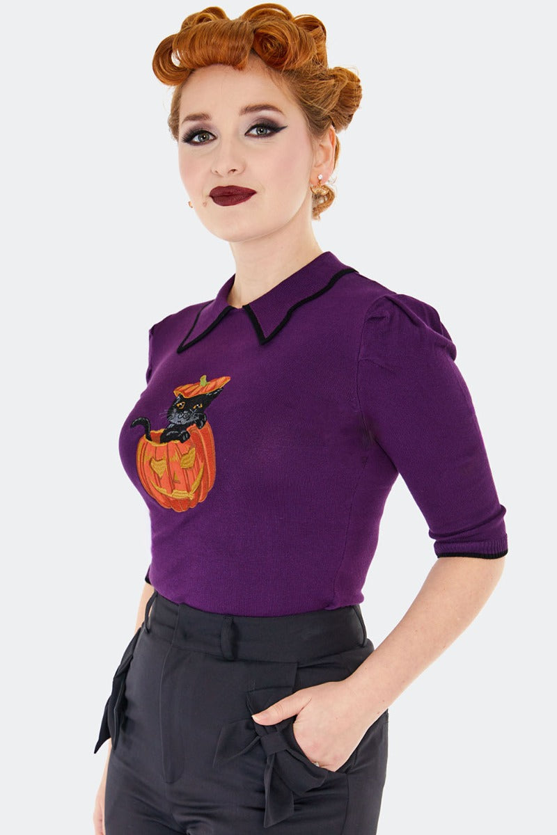Cat and Pumpkin Collared Sweater in Purple by Voodoo Vixen