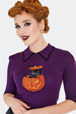 Cat and Pumpkin Collared Sweater in Purple by Voodoo Vixen