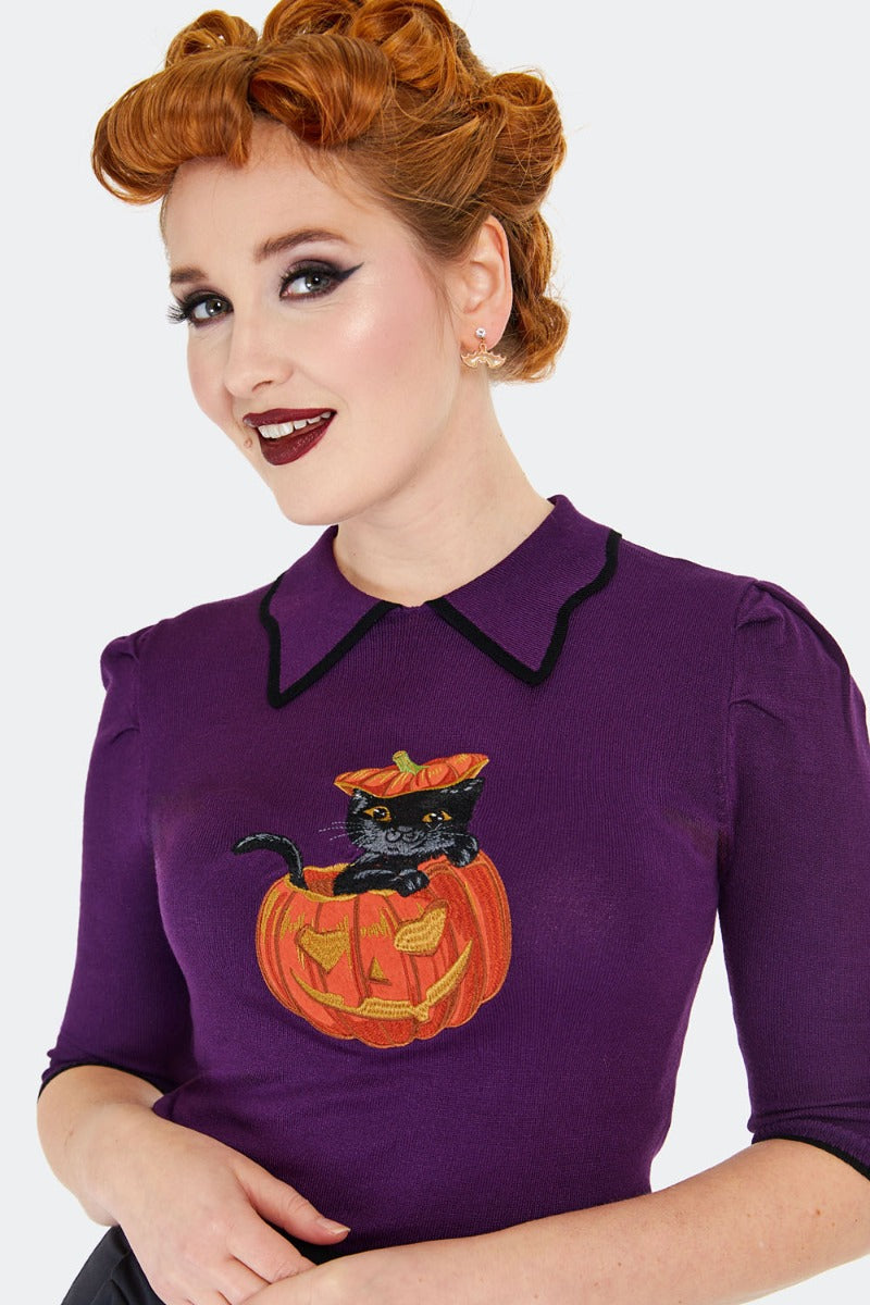 Cat and Pumpkin Collared Sweater in Purple by Voodoo Vixen