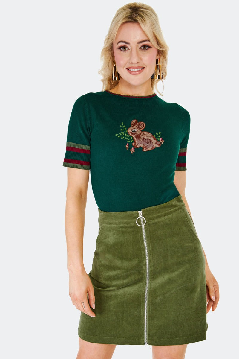 Forest Bunny Short Sleeve Sweater in Green by Voodoo Vixen