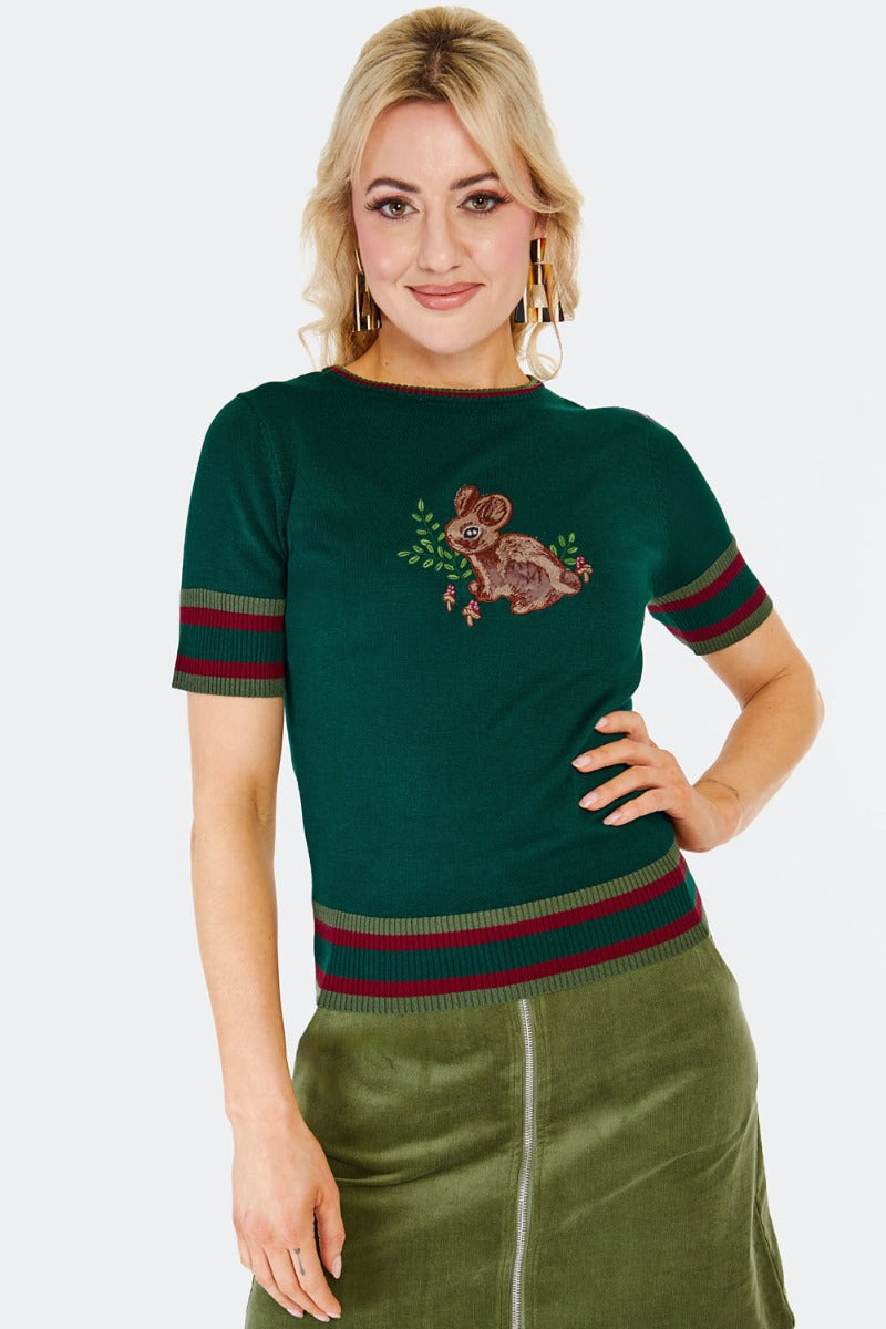 Forest Bunny Short Sleeve Sweater in Green by Voodoo Vixen