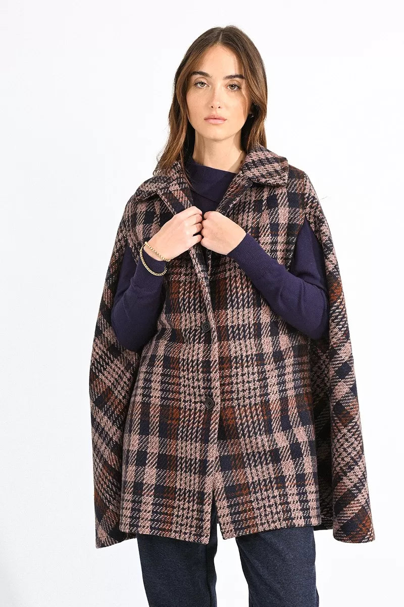 Pink and Navy Tartan Cape Coat by Molly Bracken