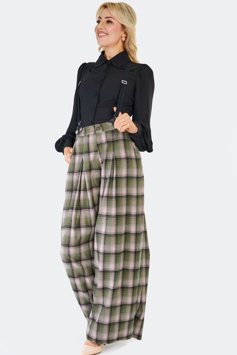 Plaid Wide Leg Suspender Pants by Voodoo Vixen