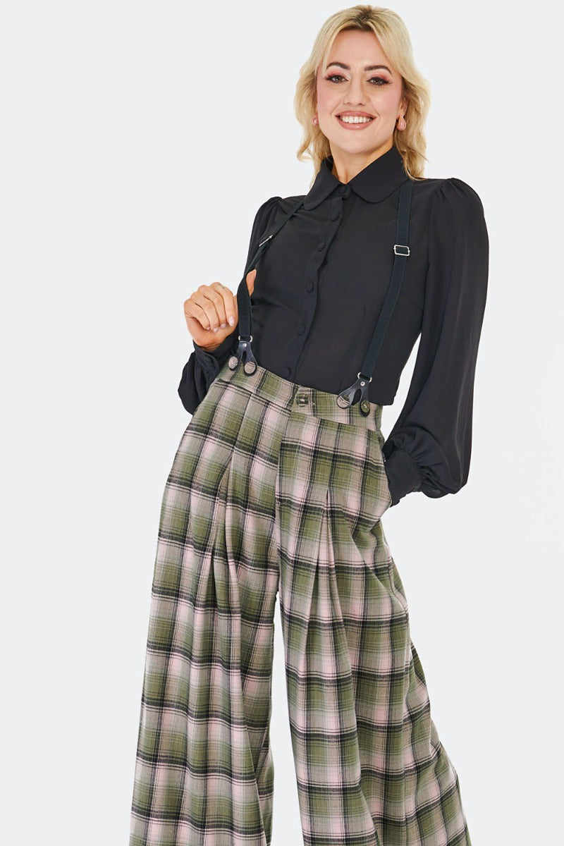 Plaid Wide Leg Suspender Pants by Voodoo Vixen