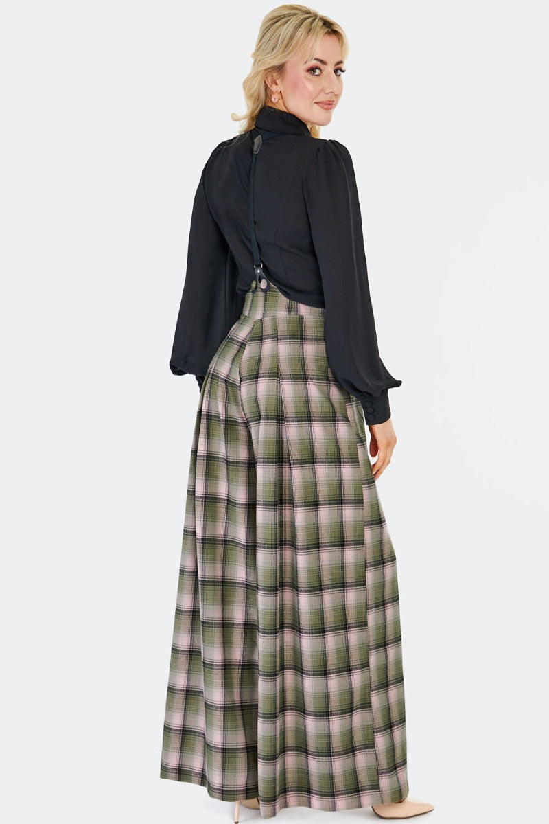 Plaid Wide Leg Suspender Pants by Voodoo Vixen