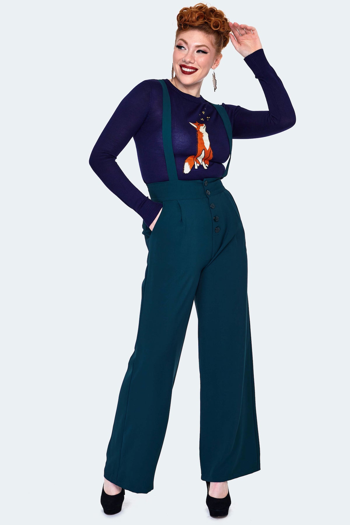 Green High Waisted Suspender Pants by Voodoo Vixen – Modern