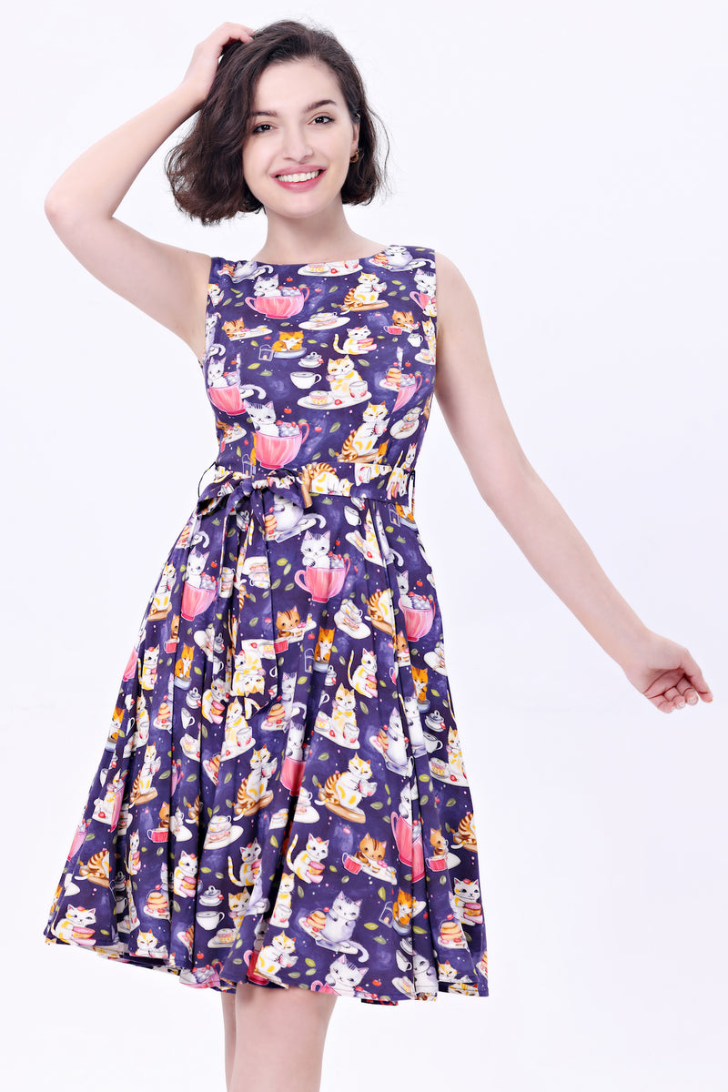 Cats Tea Time Ruby Dress by Miss Lulo