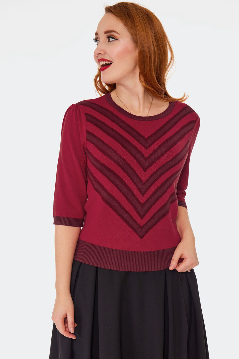 Red V-Pattern Knit Pullover Sweater by Voodoo Vixen