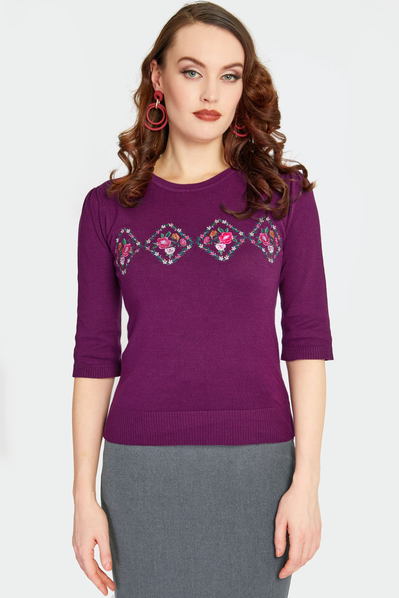 Purple Diamond Floral Embroidered Sweater by Voodoo Vixen