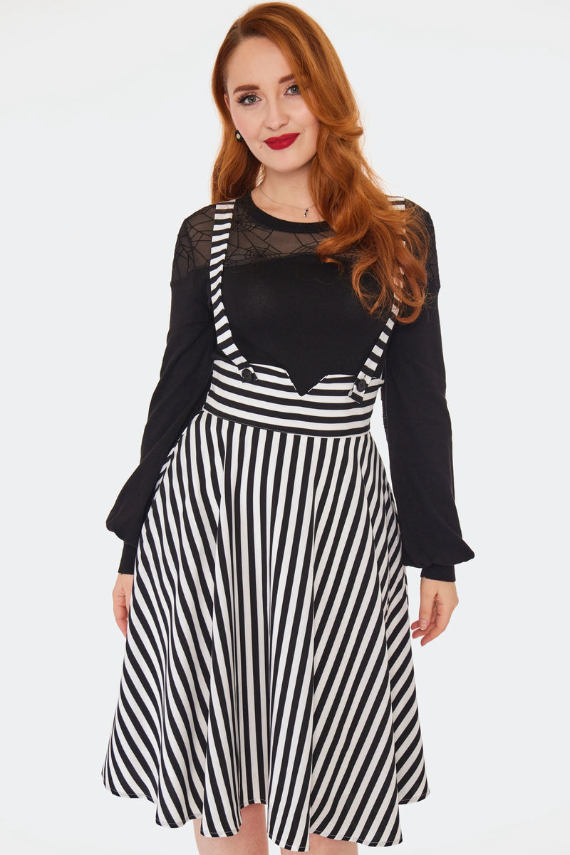 Black and White Striped Suspender Flare Skirt by Voodoo Vixen