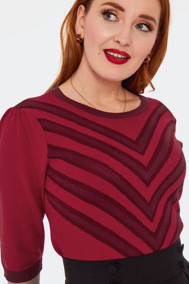 Red V-Pattern Knit Pullover Sweater by Voodoo Vixen