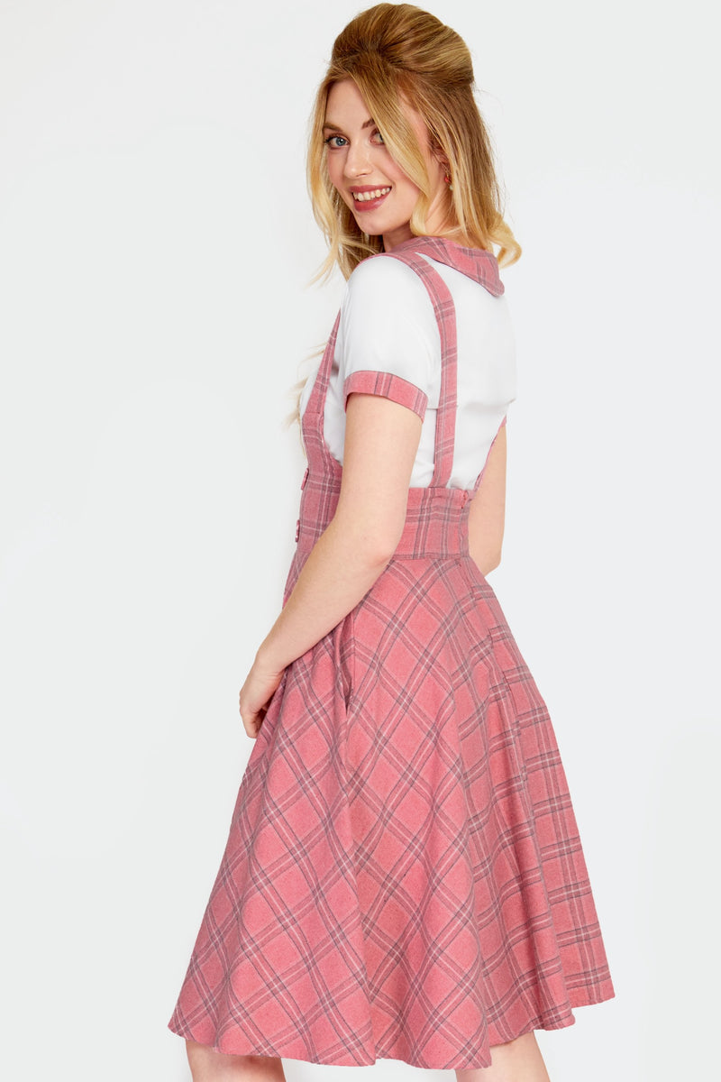 Pink Plaid High Waisted Pinafore Skirt by Voodoo Vixen