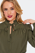 Olive Keyhole Tie-neck Button Down Top by Voodoo Vixen