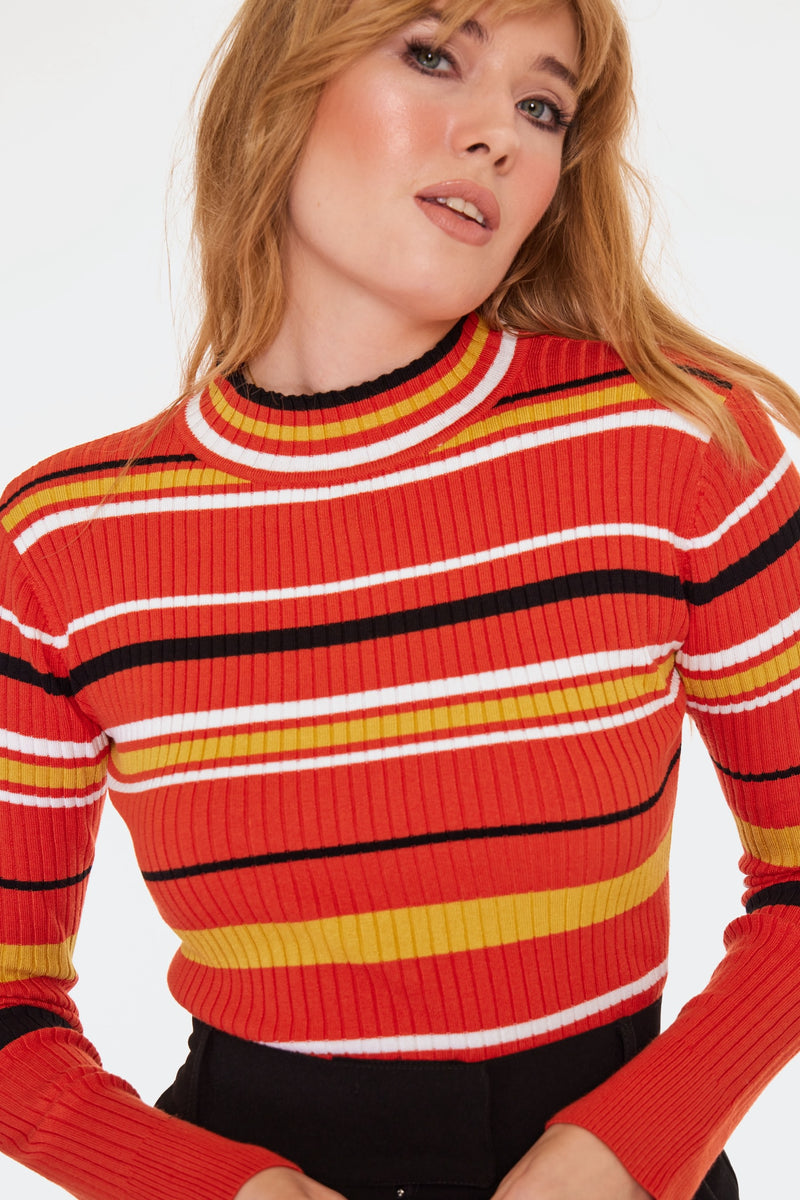 Orange Striped Mock Neck Sweater by Voodoo Vixen