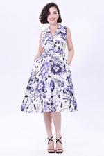 Chinoiserie Flowers in White and Purple Jani Dress by Miss Lulo