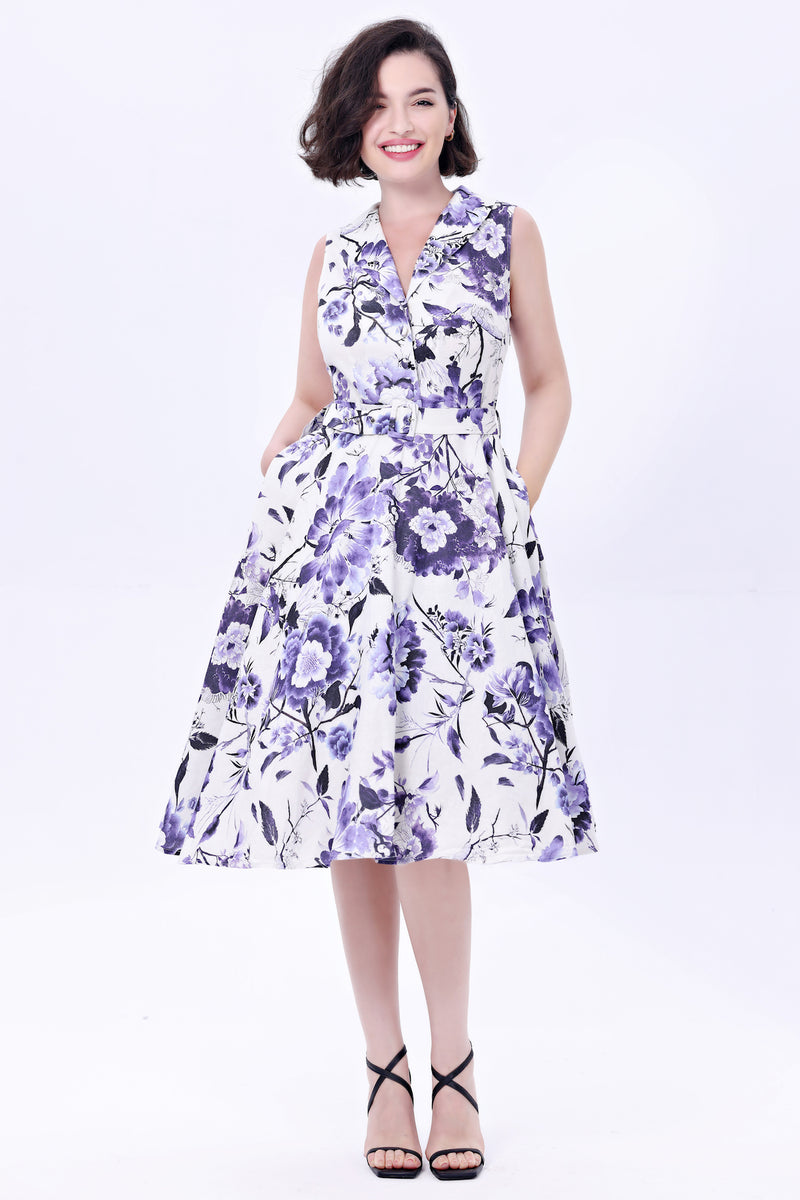 Chinoiserie Flowers in White and Purple Jani Dress by Miss Lulo