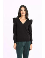 Black Ruffle Sleeve V-Neck Sweater by Molly Bracken