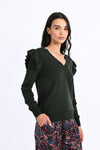 Dark Green Ruffle Sleeve V-Neck Sweater by Molly Bracken