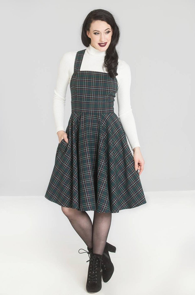 Green Plaid Peebles Pinafore Dress by Hell Bunny Modern Millie Green Plaid Peebles Pinafore Dress by Hell Bunny Modern Millie