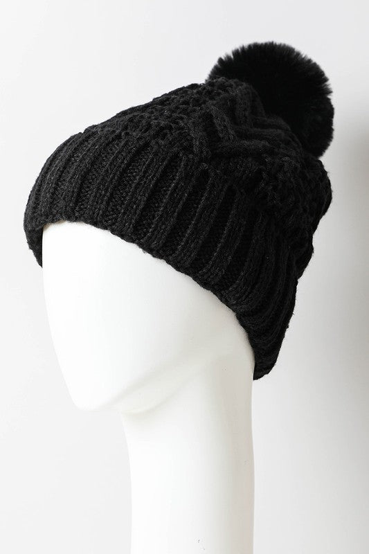 Pour Moi Black Cable Knit Contrast Pom Beanie Hat