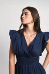 Navy Ruffle Sleeve Smocked Maxi Dress by Molly Bracken