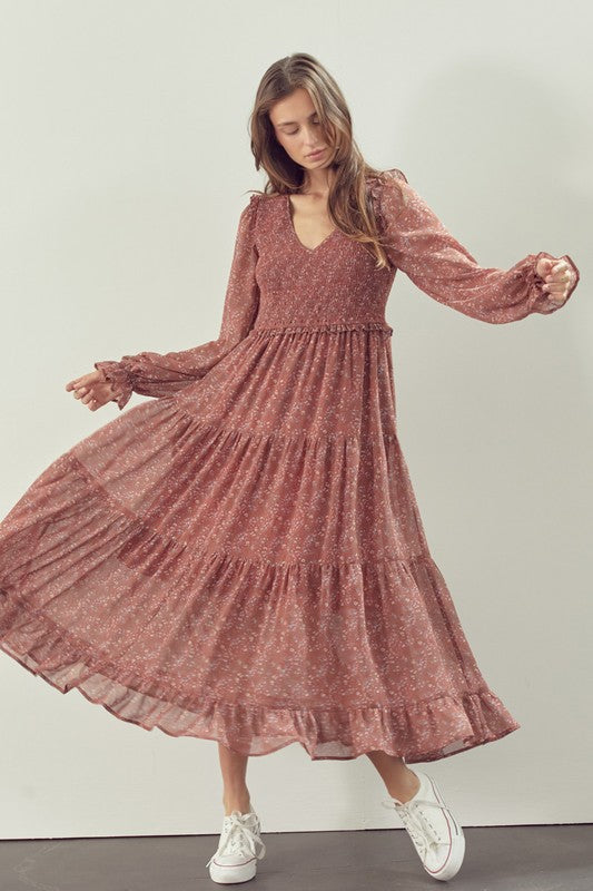 Smocked Maxi Dress in Clay Floral