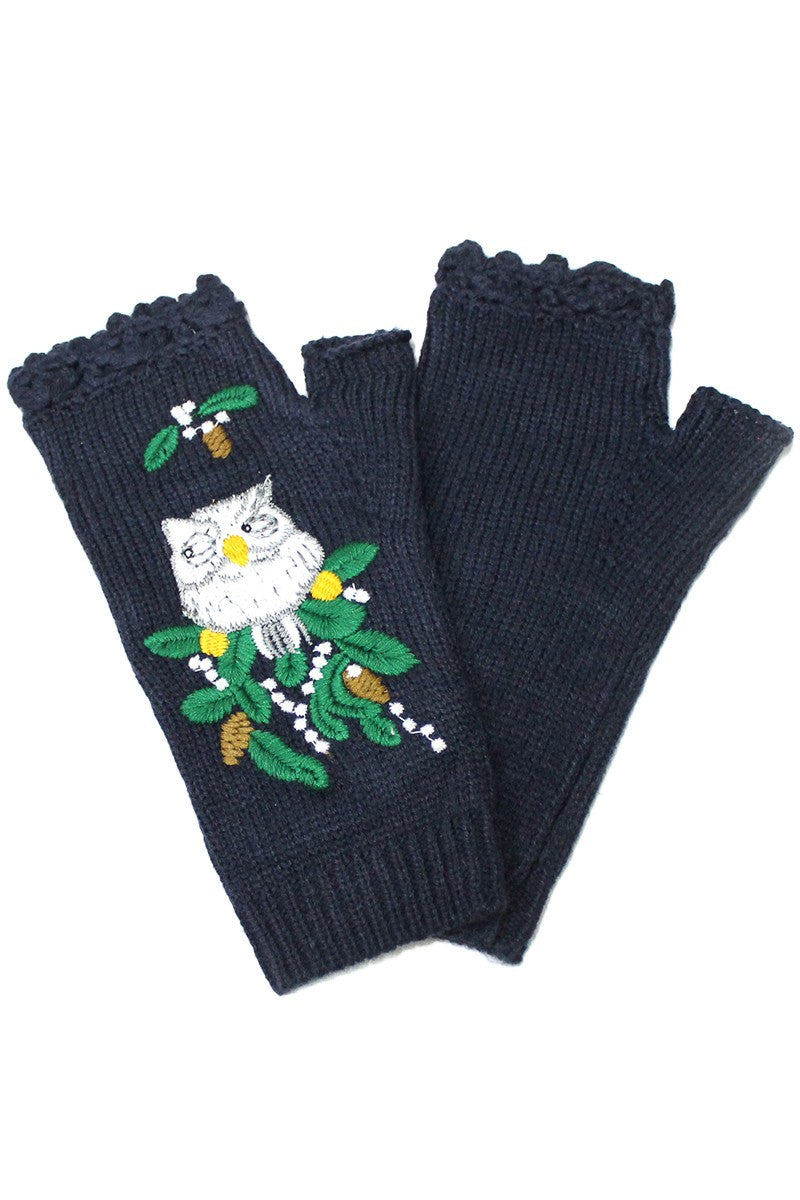 Navy Owl Fingerless Gloves