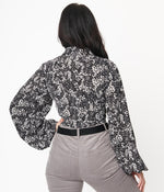 Final Sale Black and White Ditsy Floral Balloon Sleeve Blouse