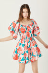 Coral Floral Bubble Sleeve Mini Dress