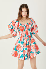 Coral Floral Bubble Sleeve Mini Dress