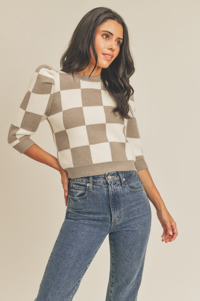 Tan and Cream Checker Puff Sleeve Sweater