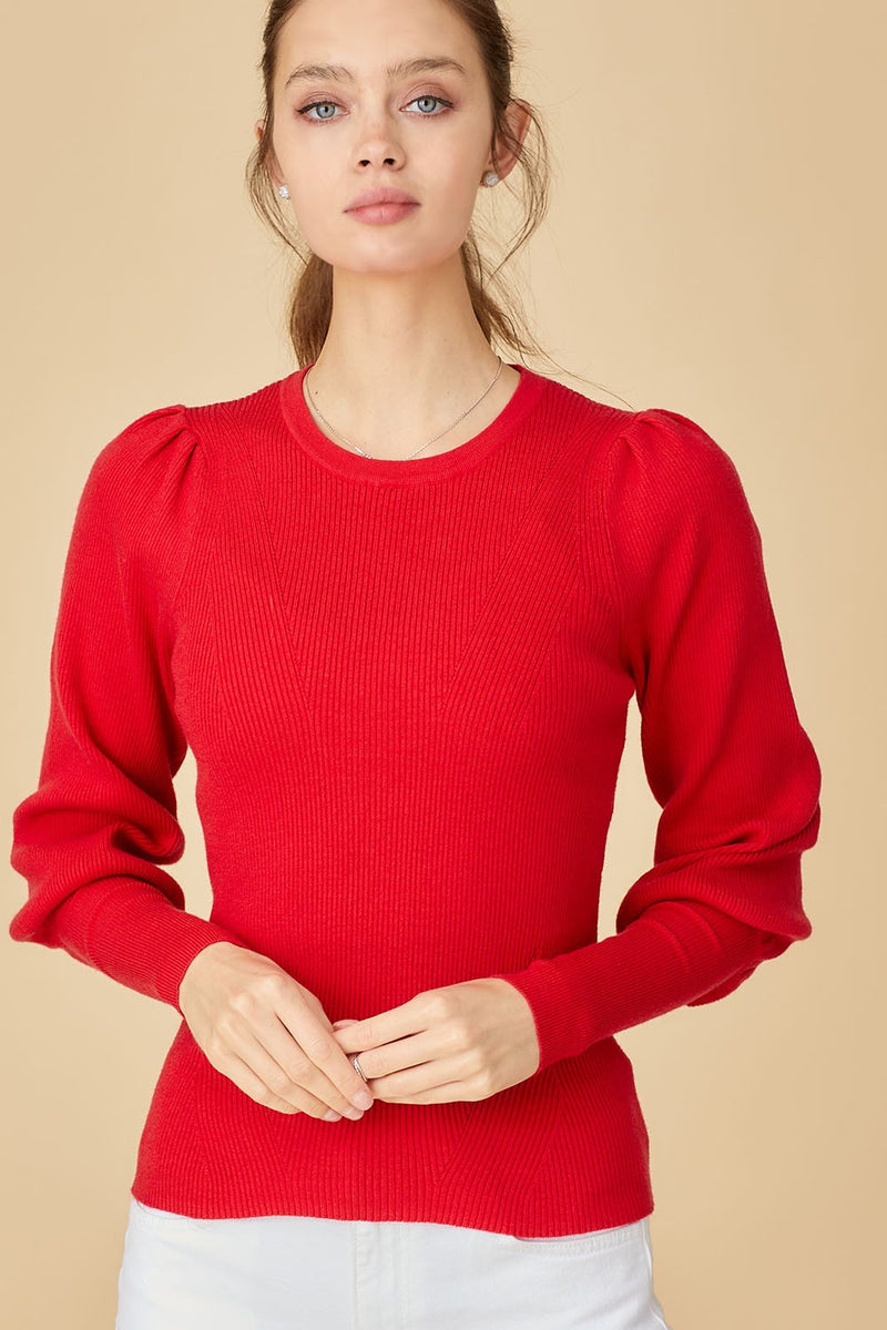 Red Long Cuff Puff Sleeve Sweater