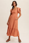 Rust Square Neck Ruffle Maxi Dress